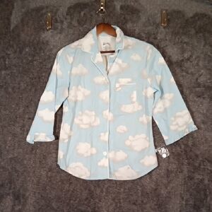 Nick& Nora Sleep Top Cloud All Over Print Ruffle Cuffs Womens Small